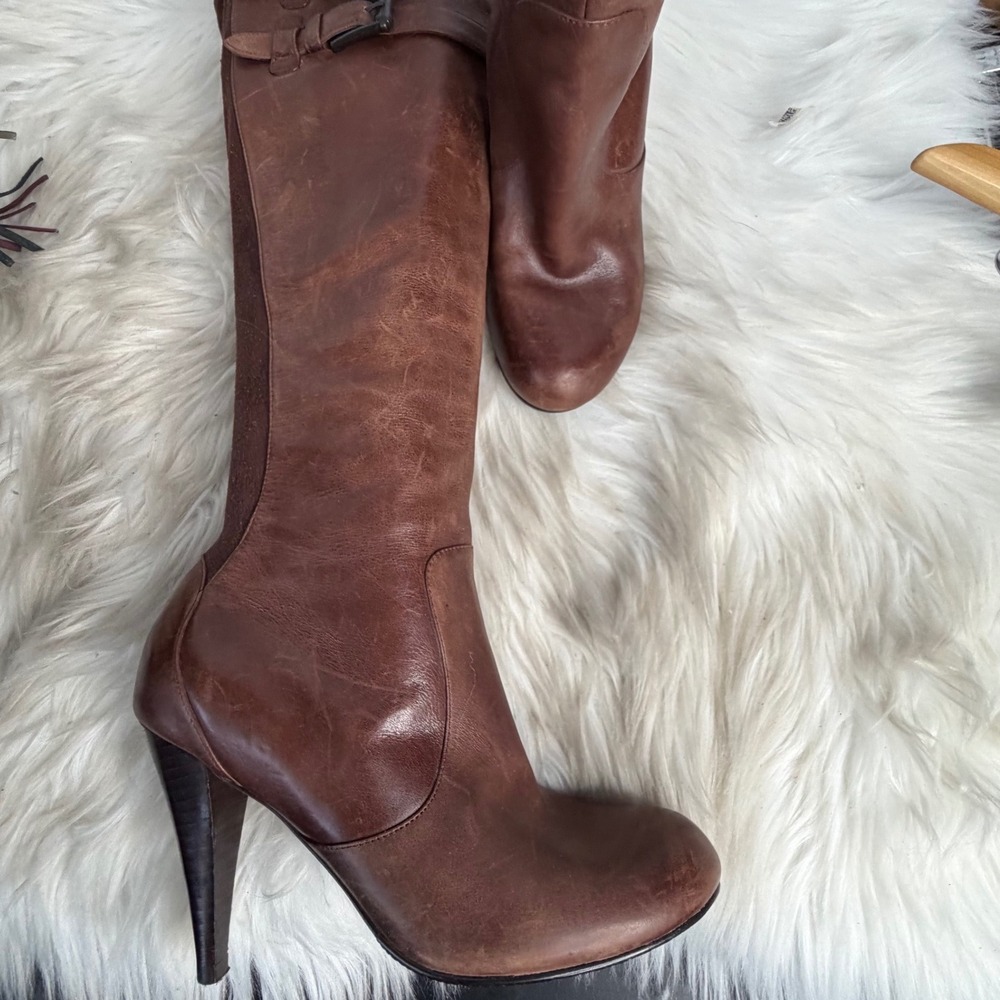 Cole Haan Nike Air Brown Leather Suede Tall Heeled Boots Buckle Detail Size 6.5B